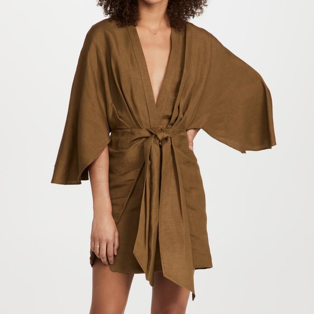 Olive Brown Wrap Mini Dress with Tie Waist
